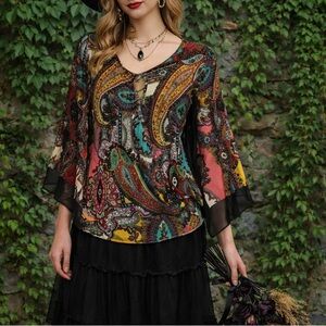 JENNIE & MARLIS Multicolored Faux Wrap Print Butterfly Sleeve Blouse, S
